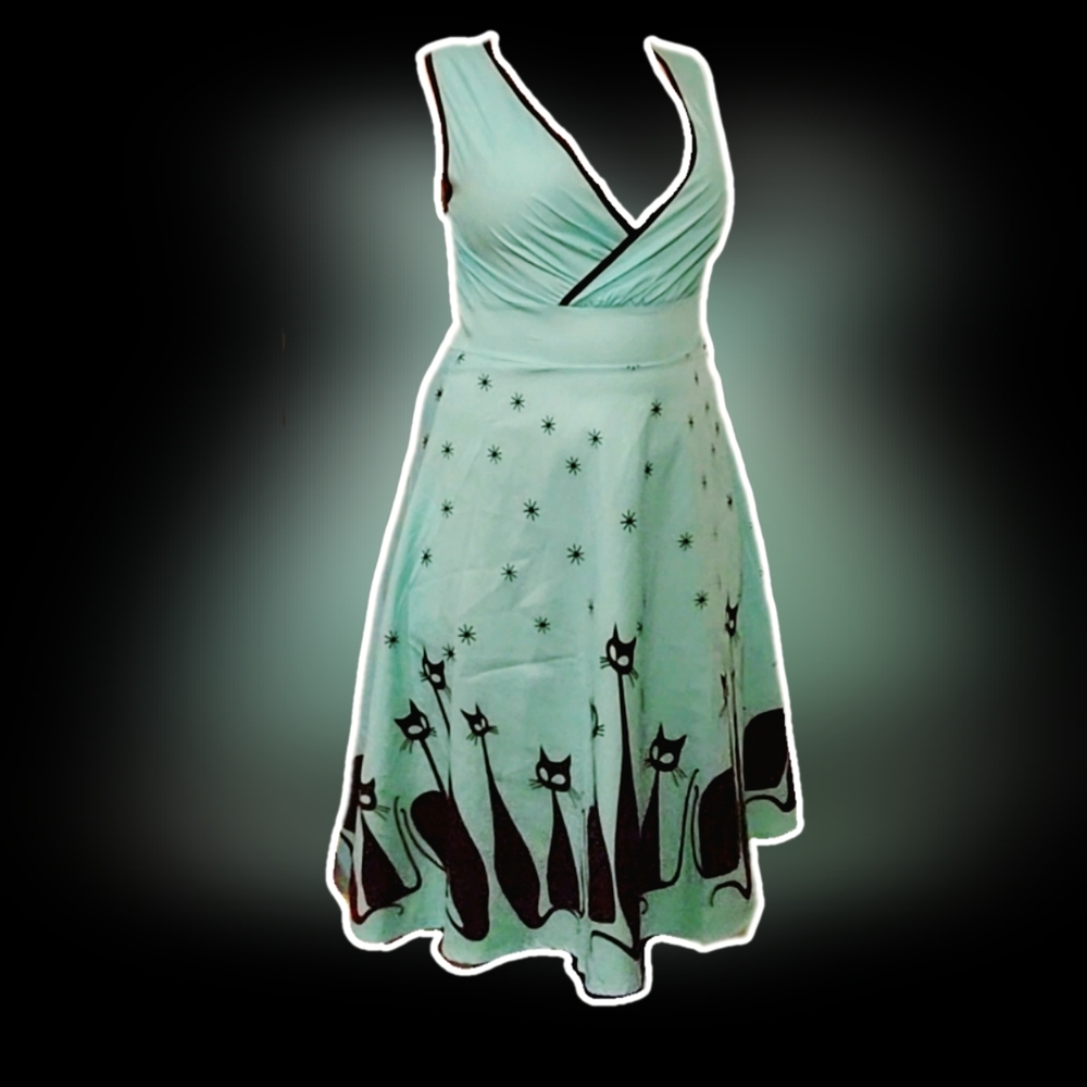 ❌️ [SOLD] Cat Print Sleeveless Dress, Mint Green, Large